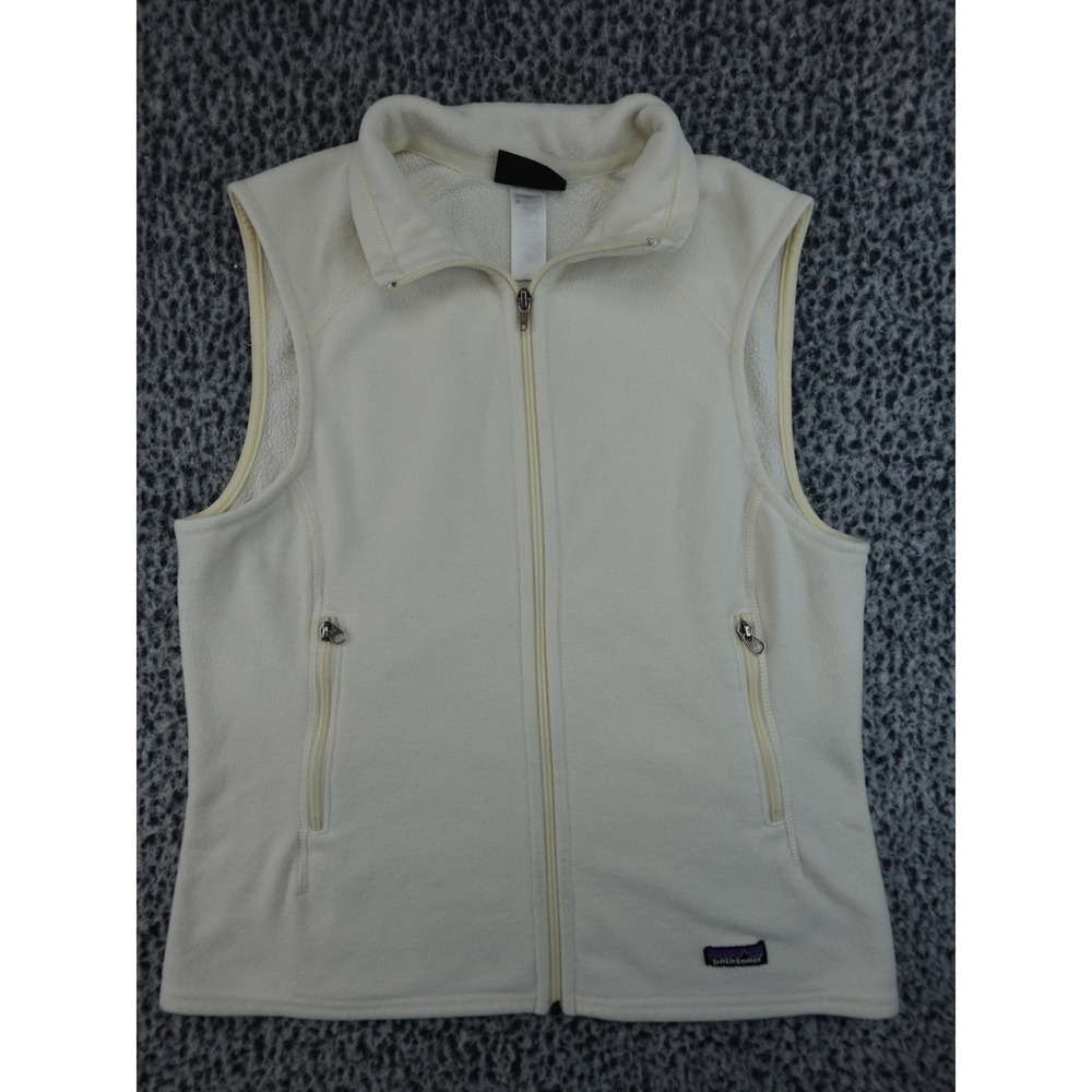 Patagonia Synchilla‎ Fleece Vest Womens Large Cream Off-White Full Zip P-6 Logo